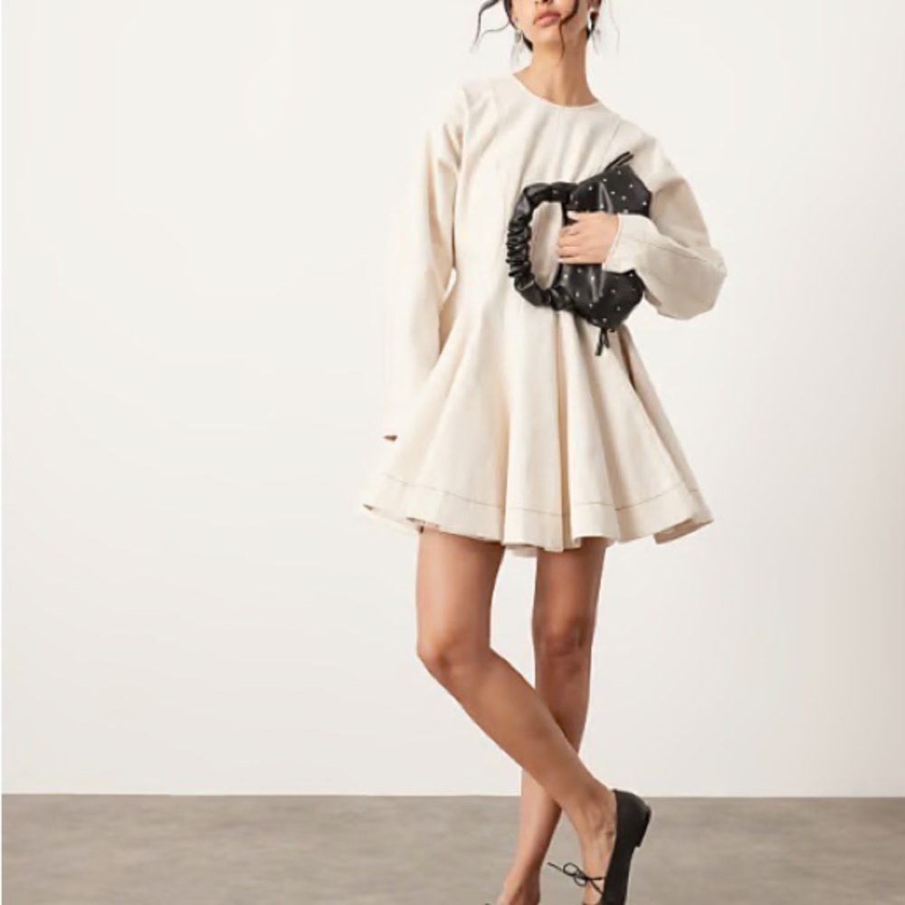 Asos edition twill long sleeve mini dress with seam details in ecru